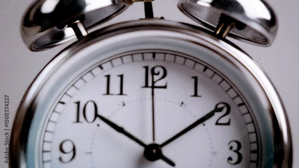 Analog alarm clock displaying the time on a white background in a studio setting, representing punctuality and time management. Analog alarm clock displaying the time on a white background in a studio setting, representing punctuality and time management.
