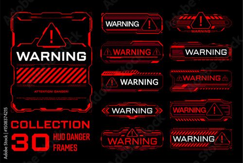 Red warning and danger HUD frames set, vector game UI. Futuristic cyber tech digital screen interface warning, alert and danger caution HUD frames with red hologram borders, attention triangle signs