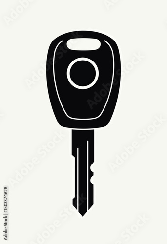 Simple silhouette of a car key icon in vector format, designed with clean lines and sharp geometry in a minimal black and white palette
