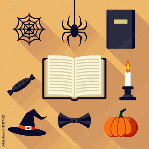 Top view flat vector of Halloween objects: carved pumpkin, magic book, spider web, candy pieces, and candle, designed in minimal illustration style
