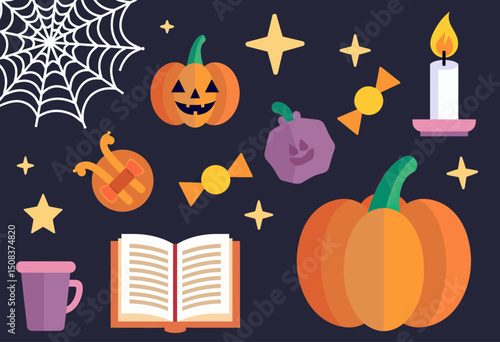 Clean vector design of Halloween flat lay scene with isolated icons of candy, pumpkin, book of spells, candle, and spider web
