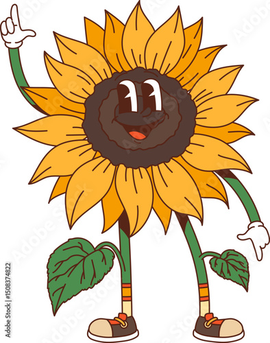 Cartoon groovy hippie sunflower flower character with funny face, vector plant. Groovy sunflower or psychedelic flower with silly crazy smile with hi or Hello gesture as freaky hipster emoji