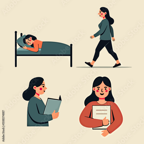 Minimal vector icons representing daily mental health care: sleep, walking, journaling, and social connection, designed in clean line style

