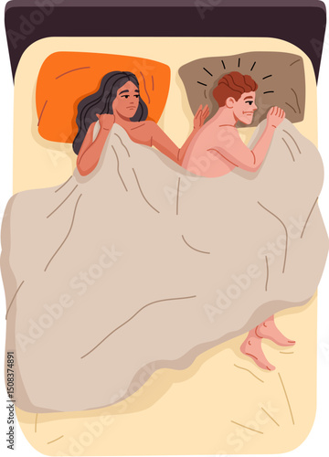 Couple lies in bed, hinting at emotional distance or post conflict disconnection. Cartoon flat vector bedroom scene with a woman touching a back of a man who is lying with anxious emotions