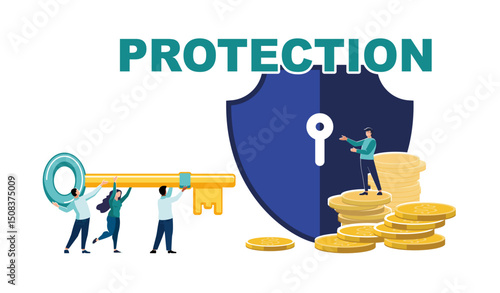 Protection of finances. Business. bank. Workers man and woman with a key go to open a shield with gold dollar coins. Payout, people work for financial development, profit, banner. Vector illustration