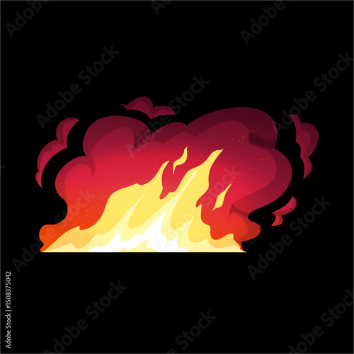 Burning fire effect, vector cartoon red and yellow flame effect, devouring element, burning bonfire or campfire on black