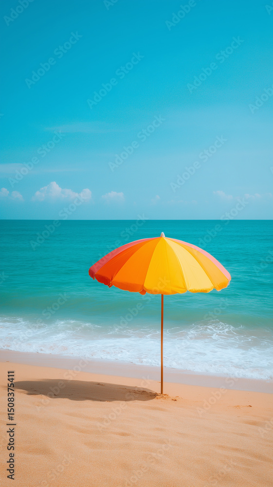Colorful beach umbrella casting shade on golden sand Colorful beach umbrella casting shade on golden sand