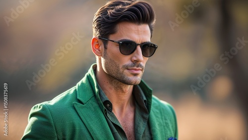 Fashionable man in green suit sunglasses