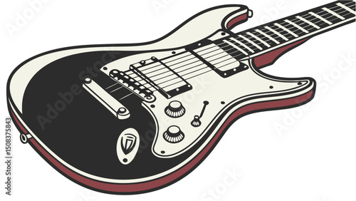 A detailed vector of an electric guitar showcasing its curves, strings and knobs in a stylized monochrome design emphasizing musical craftsmanship