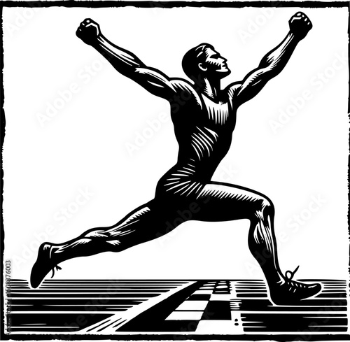 Man runner crossing the finish line. Silhouette of athletic looking male runner running. EPS 10 version.