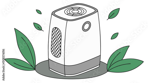 A stylized flat vector of a cylindrical air purifier with modern aesthetics and subtle foliage around, emphasizing eco-friendliness and indoor air care