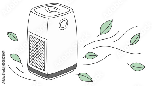 A flat vector illustration of a modern air purifier with abstract floating leaves, highlighting freshness, minimalism, and home air improvement concept