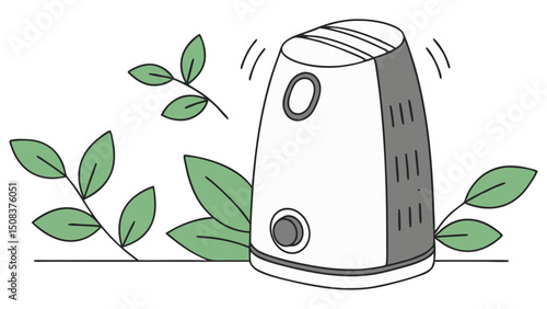 A detailed flat vector of a stylish air purifier with rounded edges, side venting and leafy surroundings to symbolize purified indoor environment