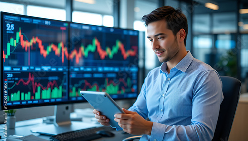 Wallpaper Mural Focused Businessman Analyzing Stock Market Data on Tablet and Monitors Torontodigital.ca