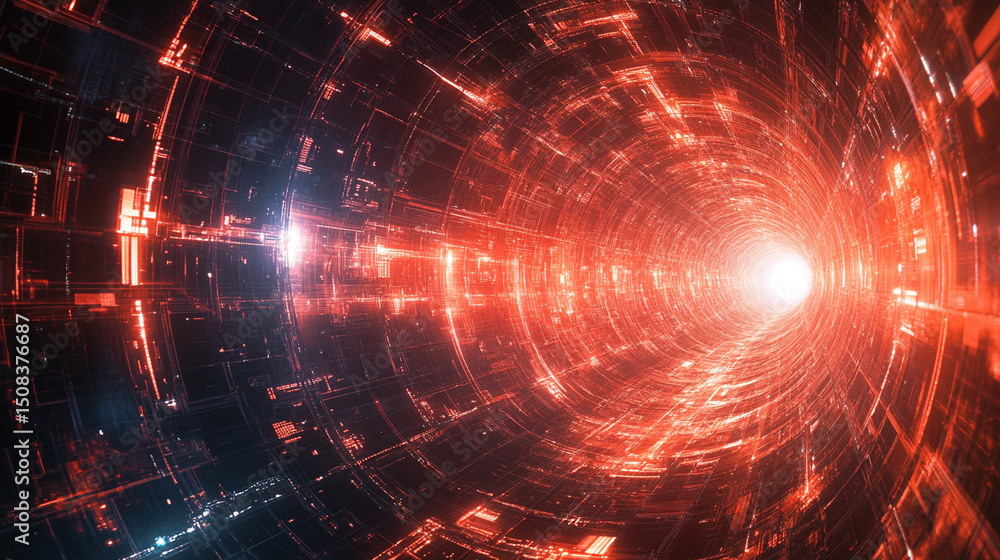 Abstract futuristic tunnel with glowing red and orange lights leading to a bright light Abstract futuristic tunnel with glowing red and orange lights leading to a bright light