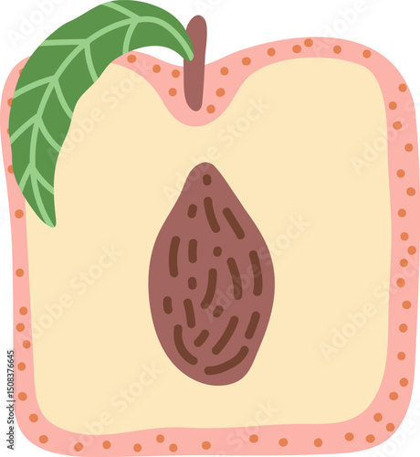 Artistic hand drawn illustration of square peach with leaf. Vector drawing of half of sweet fruit with seed and pulp isolated on white background. Drawing of summer vegan dessert for your printing.