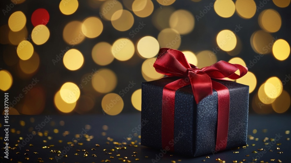 Red gift box with golden ribbon on bokeh light background in holiday celebration festive scene Red gift box with golden ribbon on bokeh light background in holiday celebration festive scene