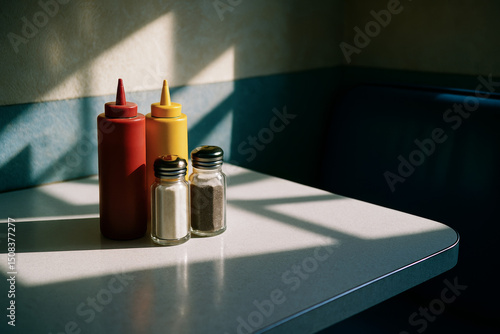 Classic diner condiments: ketchup, mustard, salt, and pepper shakers on a sunlit table. Strong window light creates dramatic shadows. Nostalgic, quiet mood.