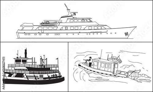 Collection of Diverse Boat Types: Luxury Yacht, Classic Steamboat, and Fast Patrol Boat Outlines