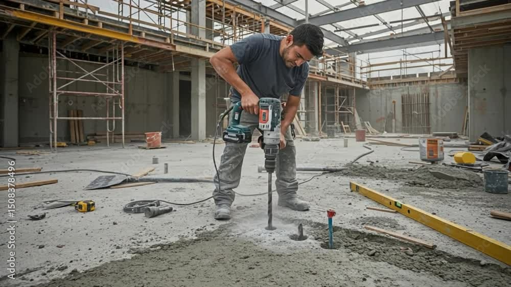 Construction Worker Drilling Concrete Floor on Building Site Construction Worker Drilling Concrete Floor on Building Site
