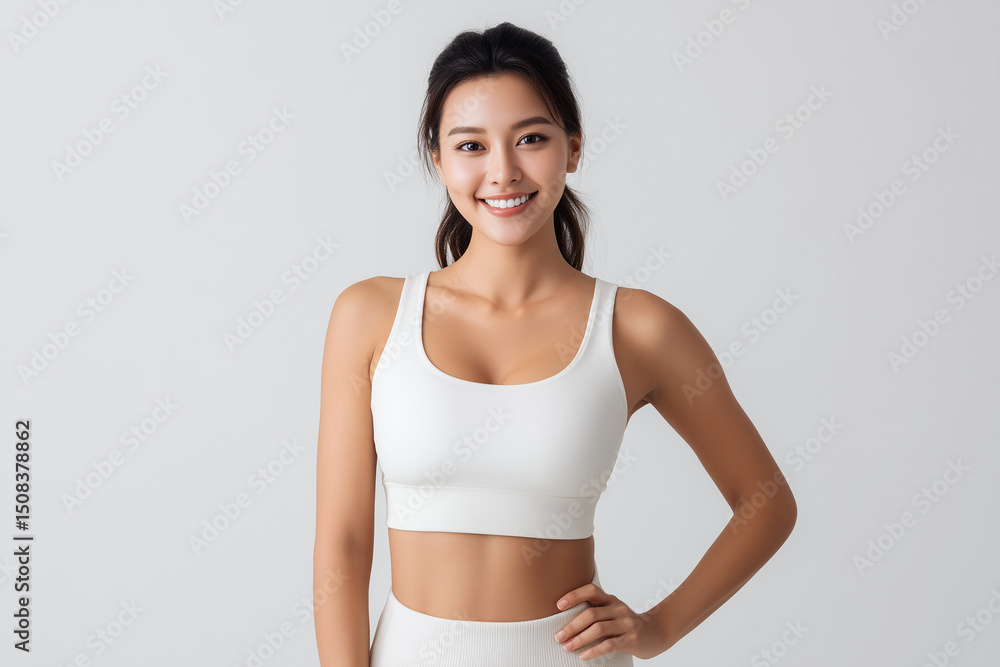 Obraz premium ヘルシーな女性ポートレート、フィットネスと笑顔が映える、AI