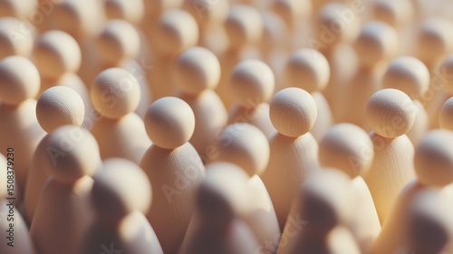 Wooden figures arranged in crowd formation with shallow depth and focus on group identity unity concept scene