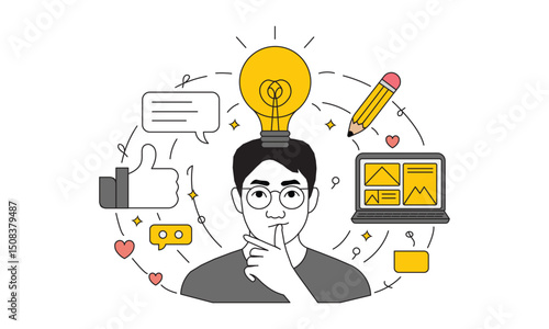 Man with Idea Light Bulb – Online Business and Creative Design Concept in Flat Vector Style
