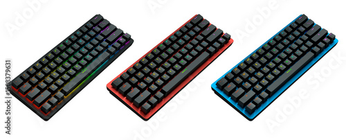Collection of mechanical keyboards isolated on white background with clipping path. 3D rendering of streaming gear and gamer workspace concept