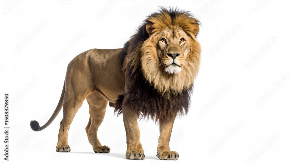 Fototapeta premium Majestic male lion stands proudly against a clean white background, showcasing its impressive mane and powerful physique in a studio environment