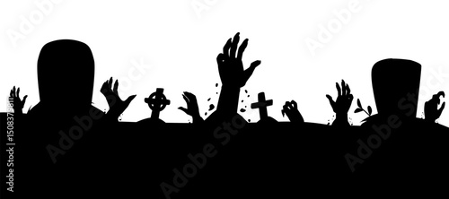 Banner with black silhouette of crosses, tombstones and zombie hands sticking out of the ground.