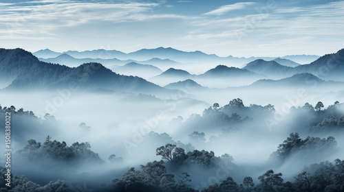 Paysage montagneux enveloppé de brume matinale
