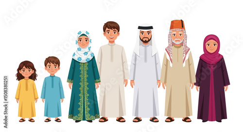 Cartoon depiction of a multigenerational Middle Eastern family in traditional clothing