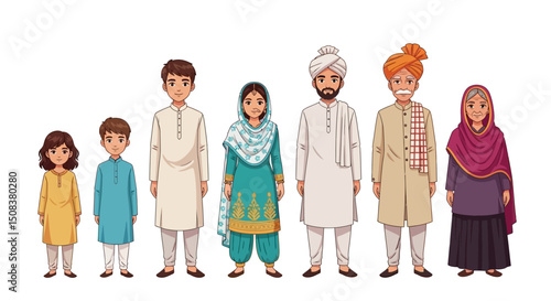 Cartoon depiction of a multigenerational Punjabi family in traditional clothing