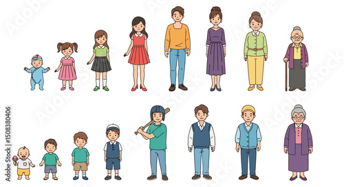 Cartoon depiction of people showing different stages of life and ages