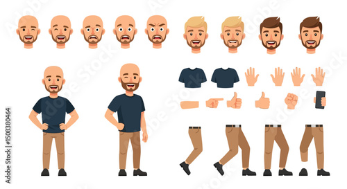 Cartoon Man Character Kit with Various Expressions and Body Parts