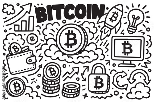 A vector background features Bitcoin themed elements with bold black outlines on a clean white backdrop, including coins, chains, and digital transaction icons.