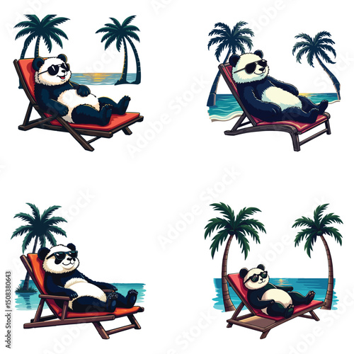 Panda bears relaxing on beach loungers at a tropical paradise.
