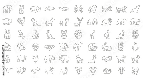 Line Art Icons of Various Animals Mammals Birds Fish and Reptiles