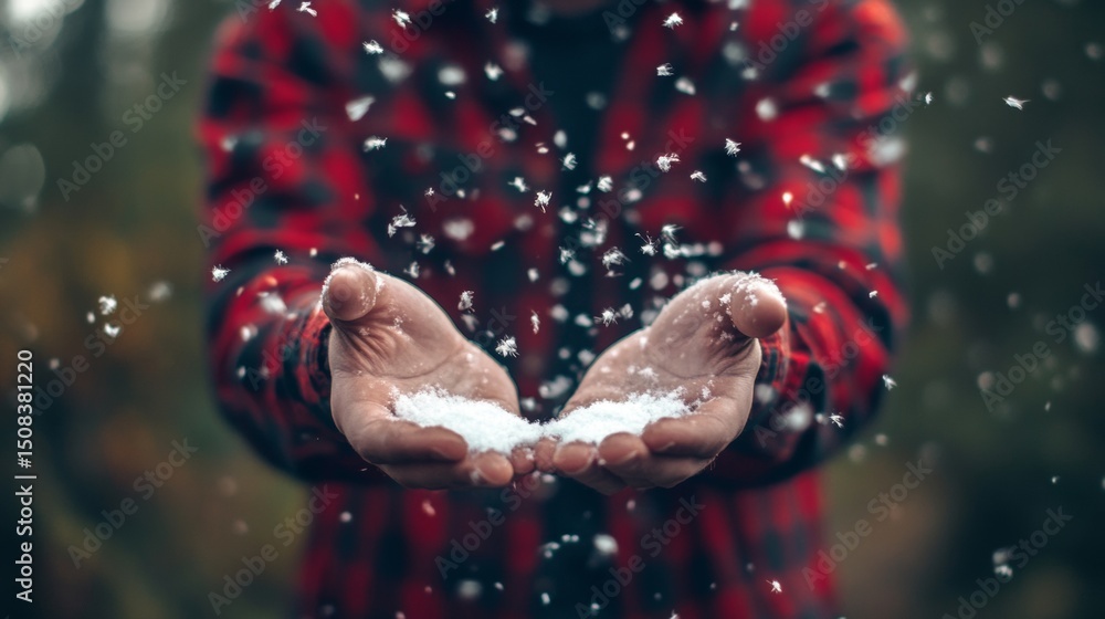 Person in red plaid shirt holding snow in winter forest festive seasonal gesture wonder emotion nature Person in red plaid shirt holding snow in winter forest festive seasonal gesture wonder emotion nature
