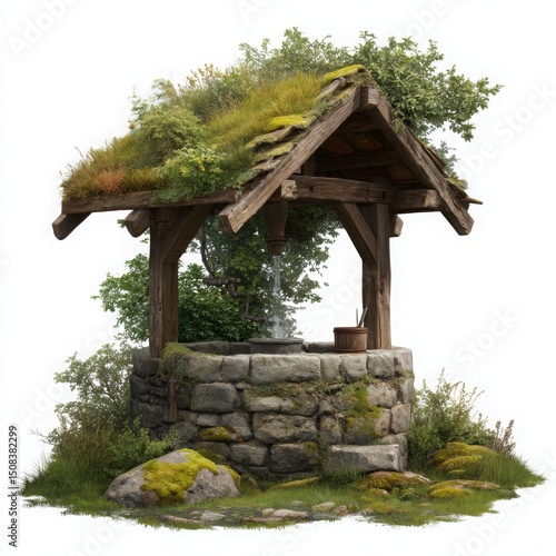 Stone well with mossy roof on white background
