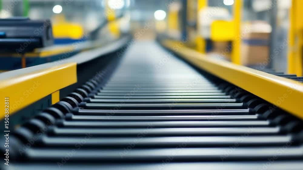 Empty roller conveyor belt moving through automated warehouse distribution center Empty roller conveyor belt moving through automated warehouse distribution center