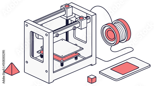 Isometric view of a three d printer with filament spool and printed objects on a white background