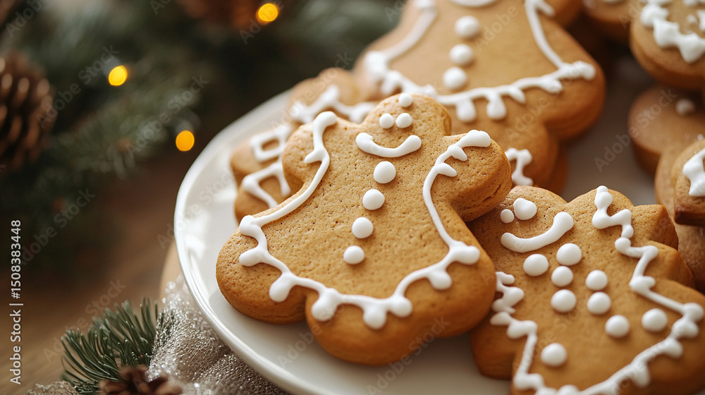 A close up of gingerbread cookies decorated with white icing on a white plate with christmas decor A close up of gingerbread cookies decorated with white icing on a white plate with christmas decor