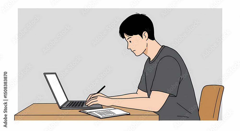Man using laptop and notebook on desk Man using laptop and notebook on desk
