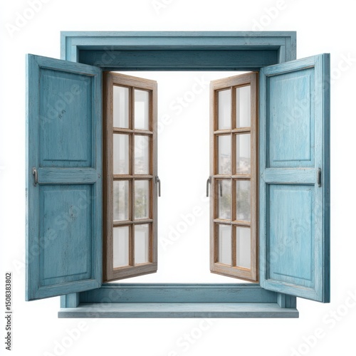 Open window with blue shutters on white background