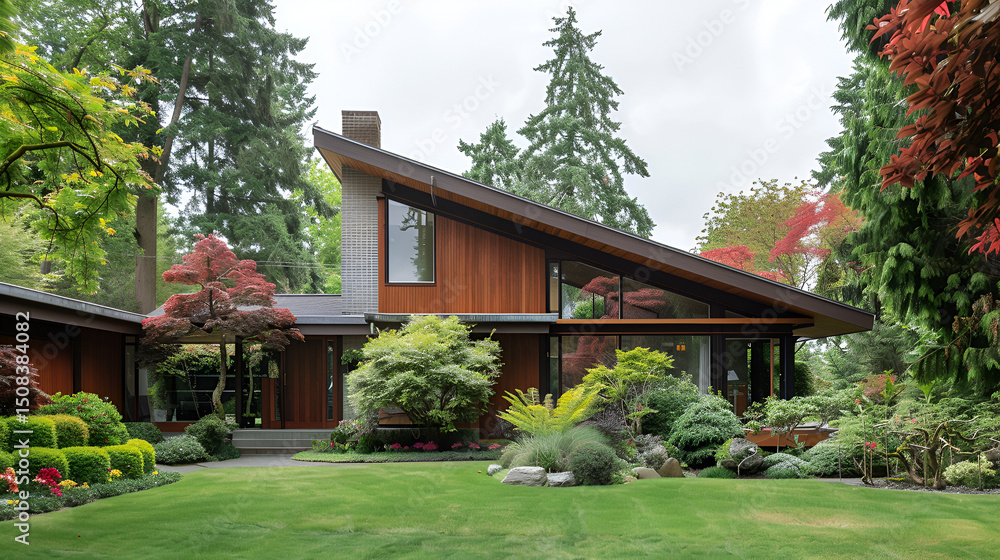 A modern house with an angled roof surrounded by lush greenery and a well manicured lawn in the front yard A modern house with an angled roof surrounded by lush greenery and a well manicured lawn in the front yard