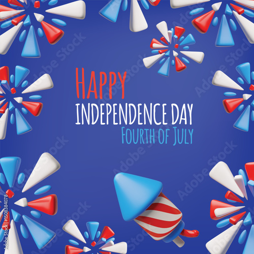 American happy Independence day, 4th July vector 3D plastic style design, fireworks in national USA flag colors