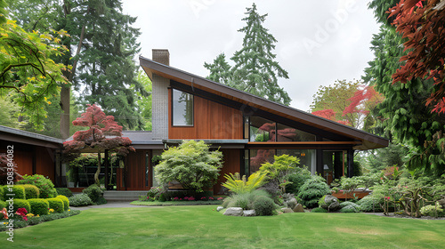 A modern house with an angled roof surrounded by lush greenery and a well manicured lawn in the front yard