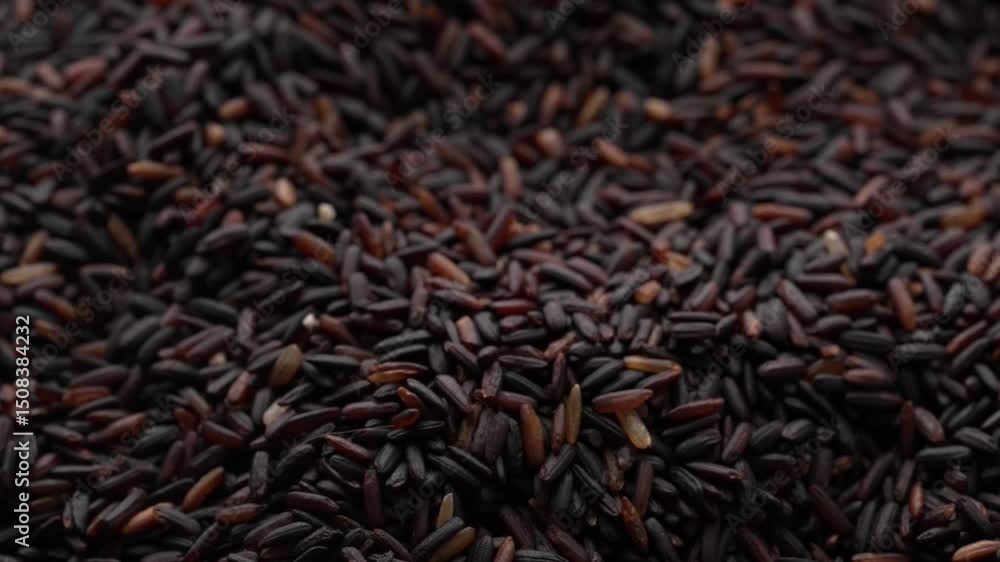 Closeup slow-motion of Black rice falling from a spoon over a pile of Black rice Closeup slow-motion of Black rice falling from a spoon over a pile of Black rice