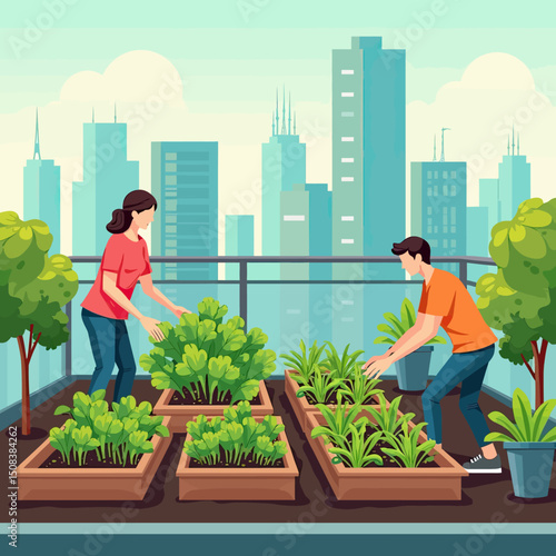 A sustainable rooftop garden in the city where diverse people plant vegetables, promoting eco-living and urban agriculture with a modern flat vector design

